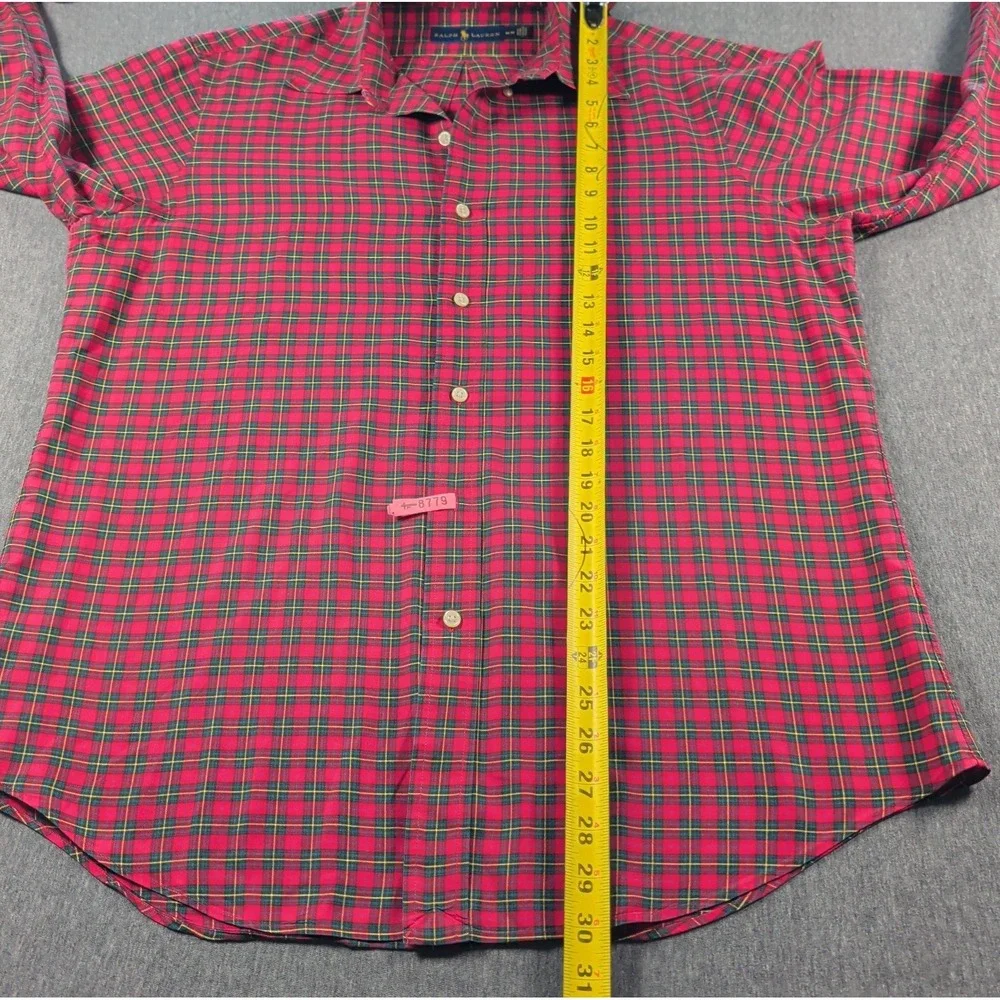 VTG 90s RALPH LAUREN Mens Size M Green Red Tartan Check Plaid Pony Button Down